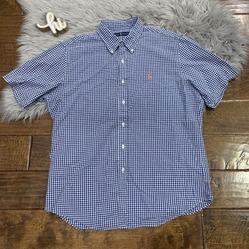 Polo Ralph Lauren Mens Shirt Size L Blue White Check Orange Pony Seersucker